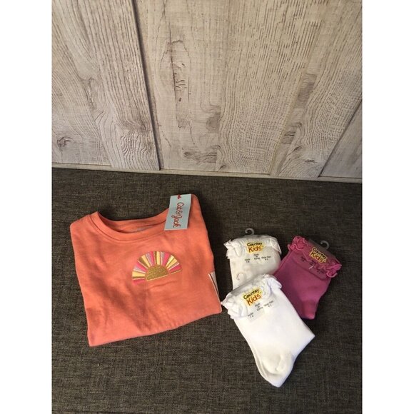 Cat & Jack Other - Girls Cat & Jack Orange Sun Shirt XS 4/5 & 3 Pair of Ruffled Socks Pink White